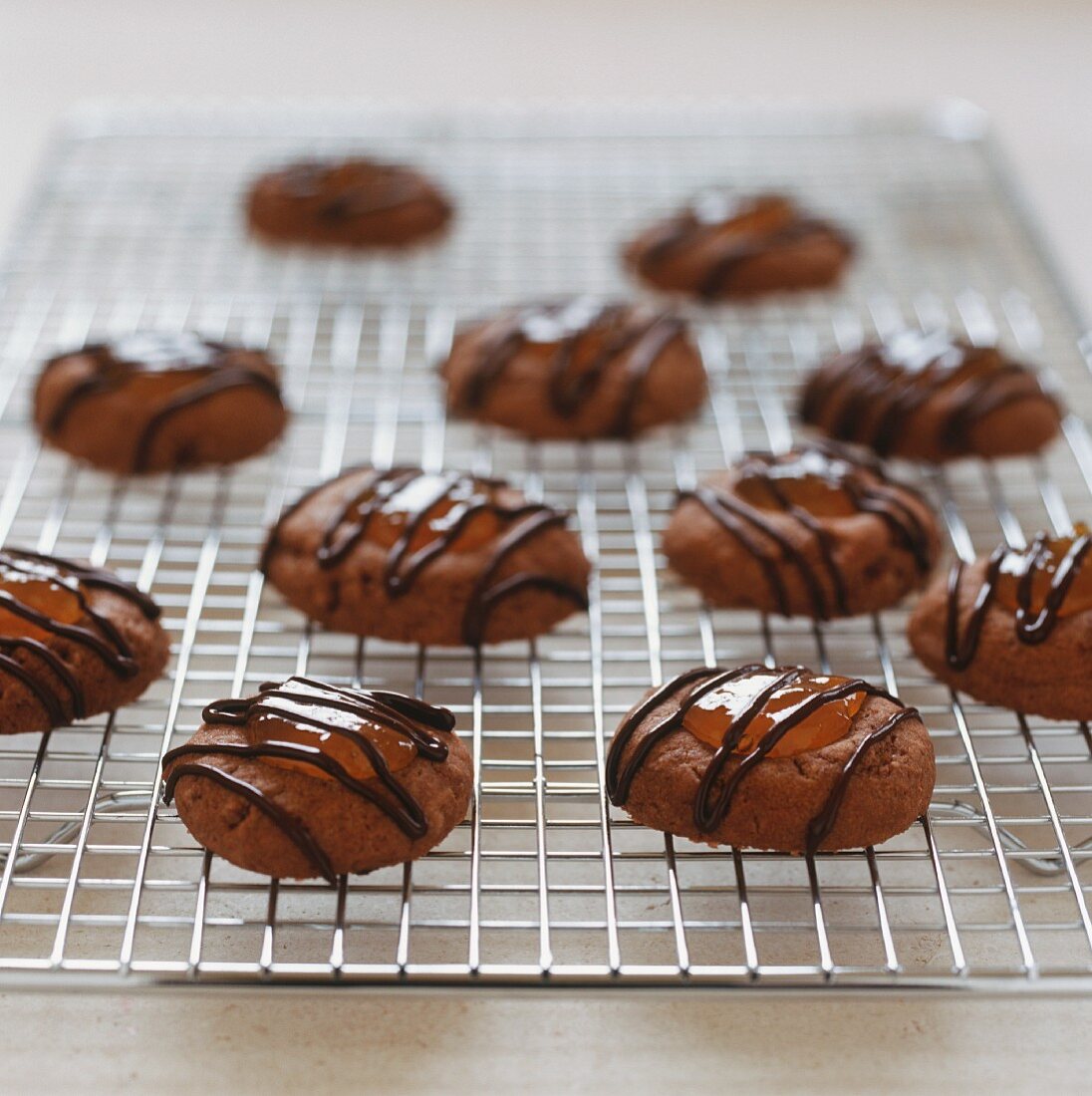 Sacher-style chocolate biscuits on a wire rack