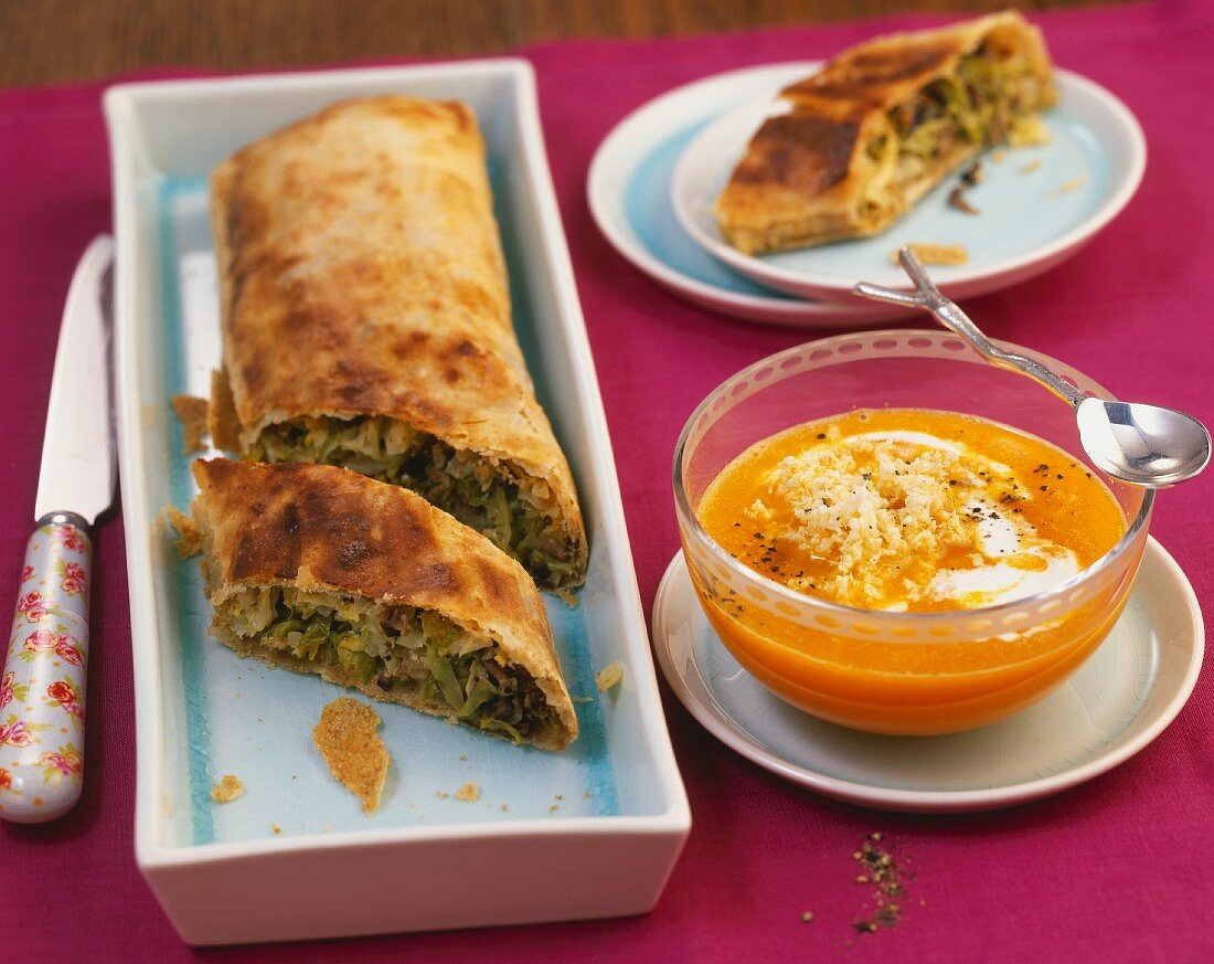 Savoy cabbage strudel with porcini mushrooms and a pumpkin and horseradish sauce