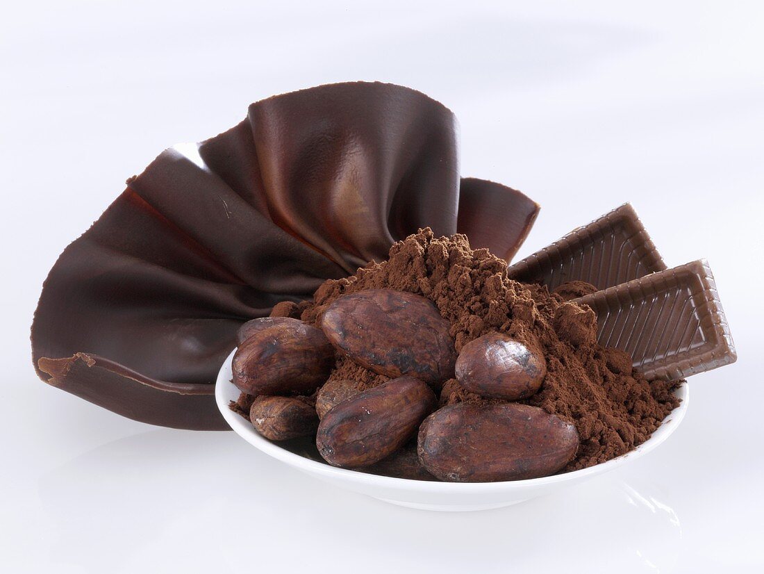 Kakaobohnen, Kakaopulver, Schokolade und Schokoladenfächer
