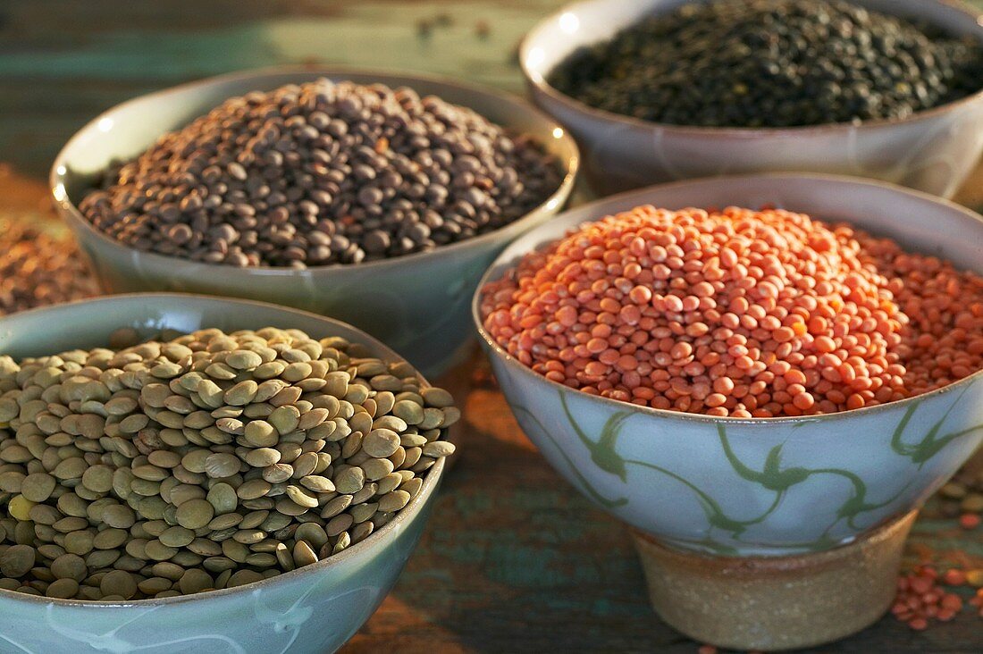 Various types of lentils in bowls