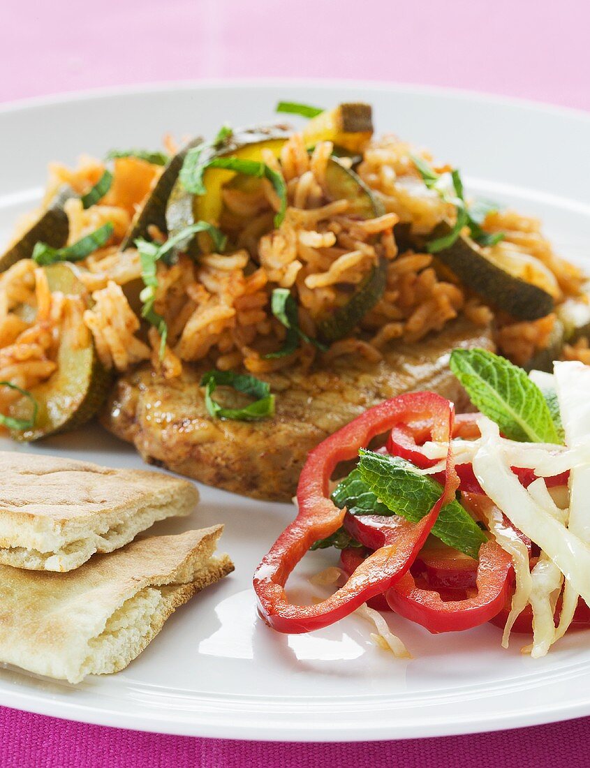 Schweinekotelett mit Gurken-Minzreis, Paprika und Pitabrot