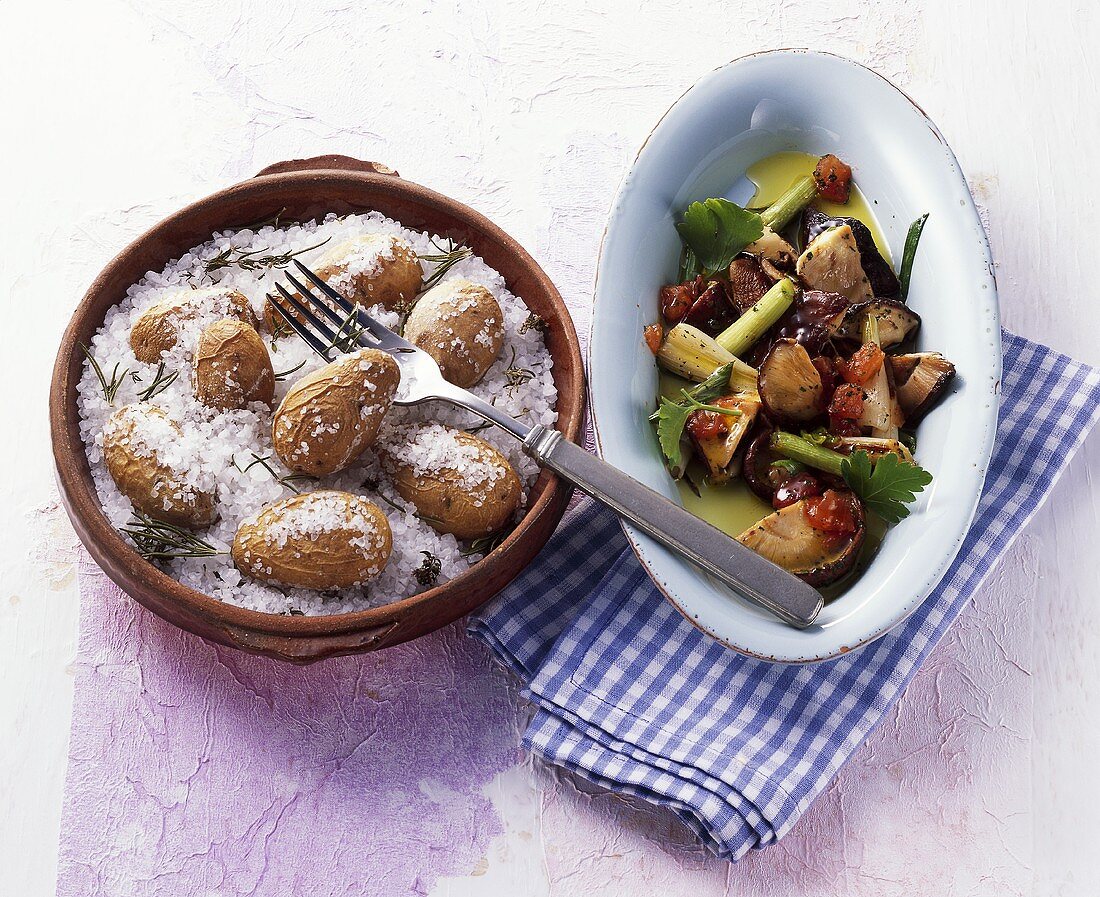 New potatoes in a bed of salt, shiitake mushrooms