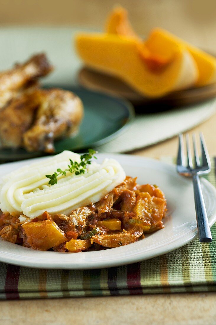 Chicken and pumpkin ragout with mashed potato