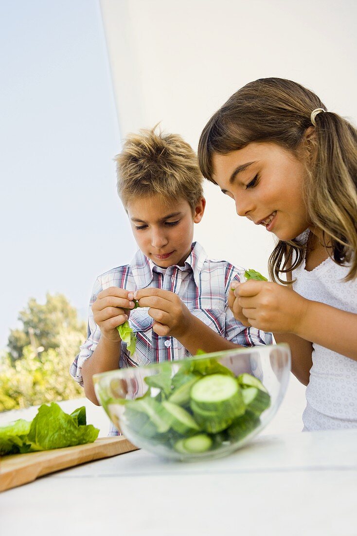 Girl and boy preparing salad out of doors