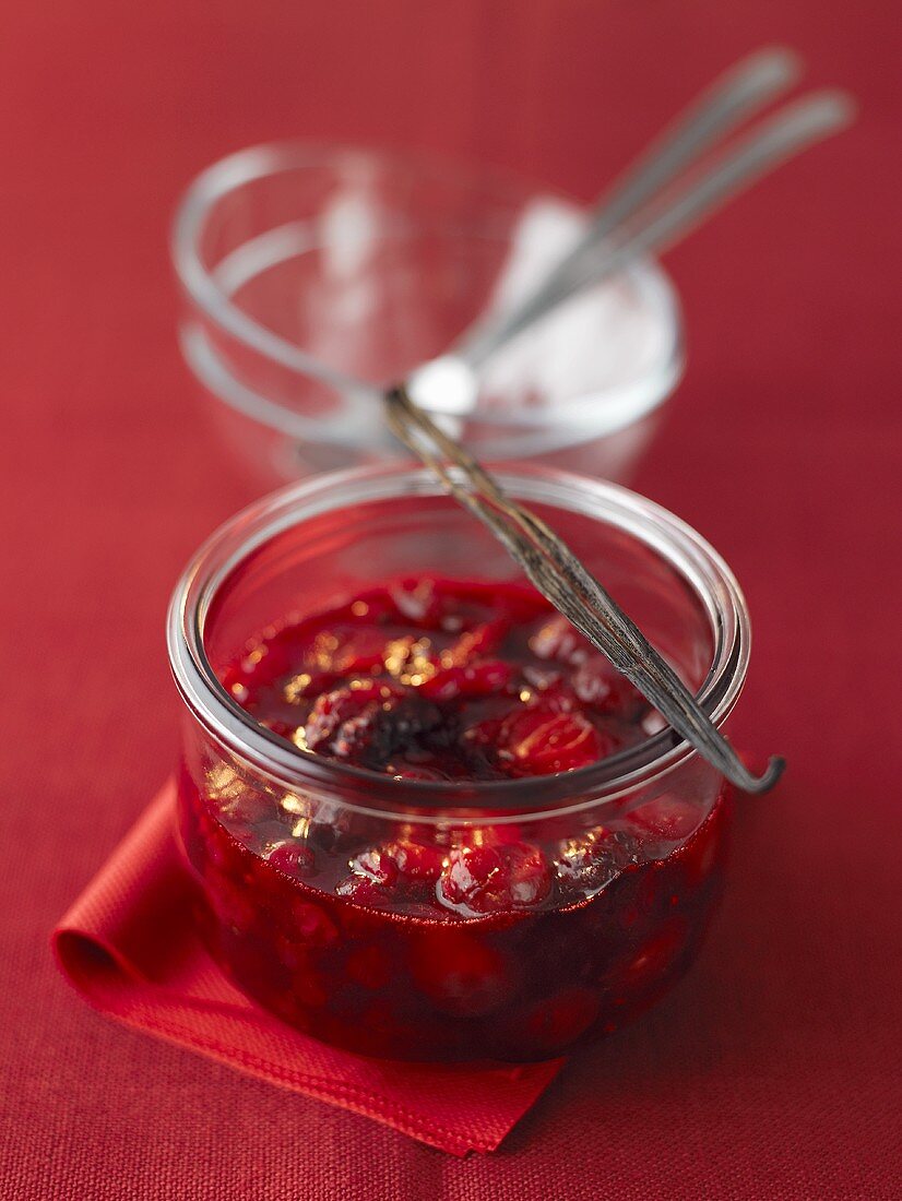 Home-made red fruit compote with vanilla pod