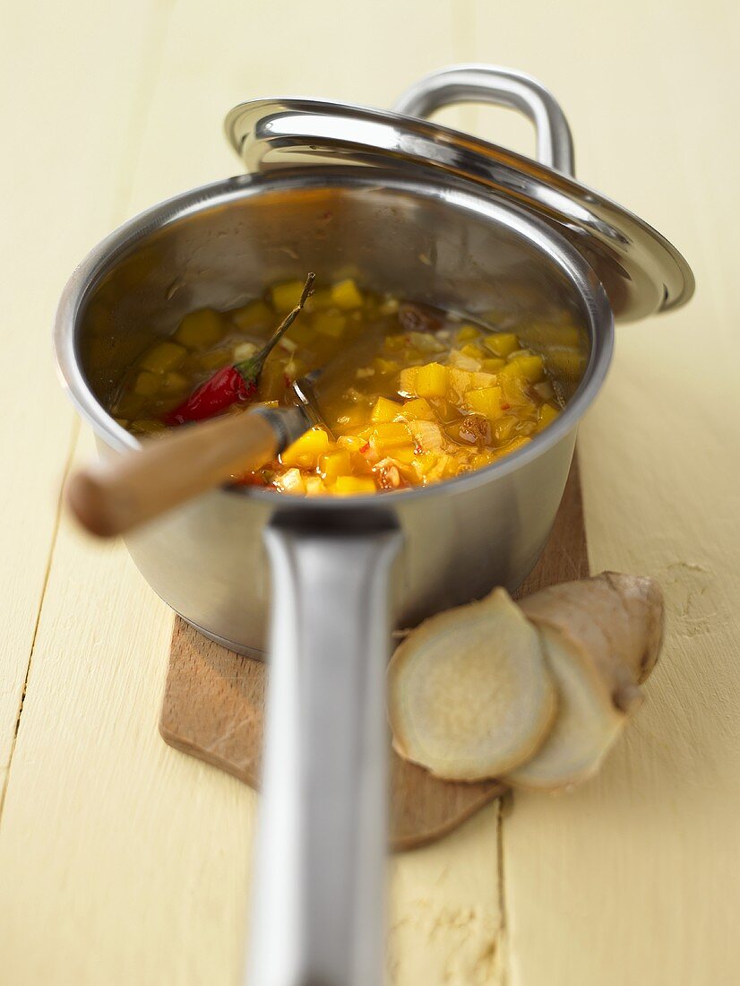 Home-made chilli mango chutney in a pan