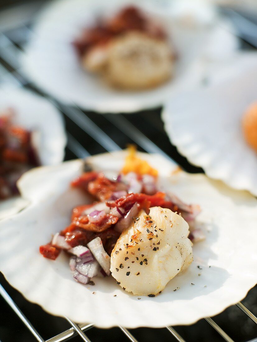 Jakobsmuscheln mit Tomaten und Zwiebeln auf Muschelschalen