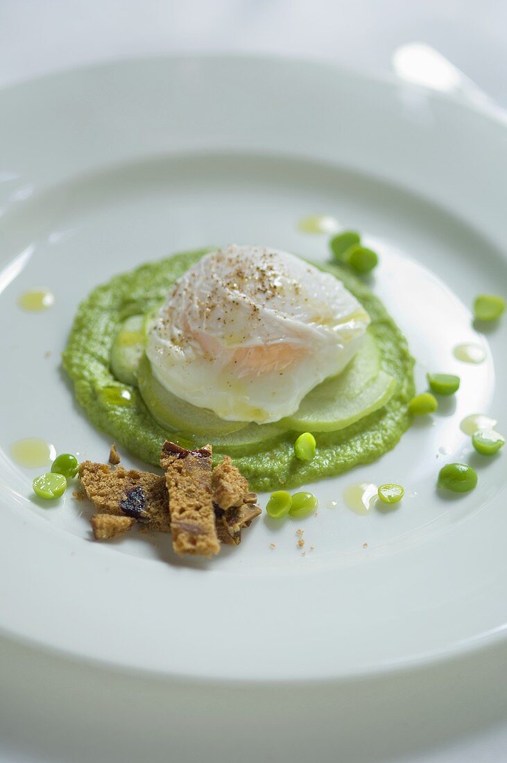 Poached egg with peppermint oil on pea puree