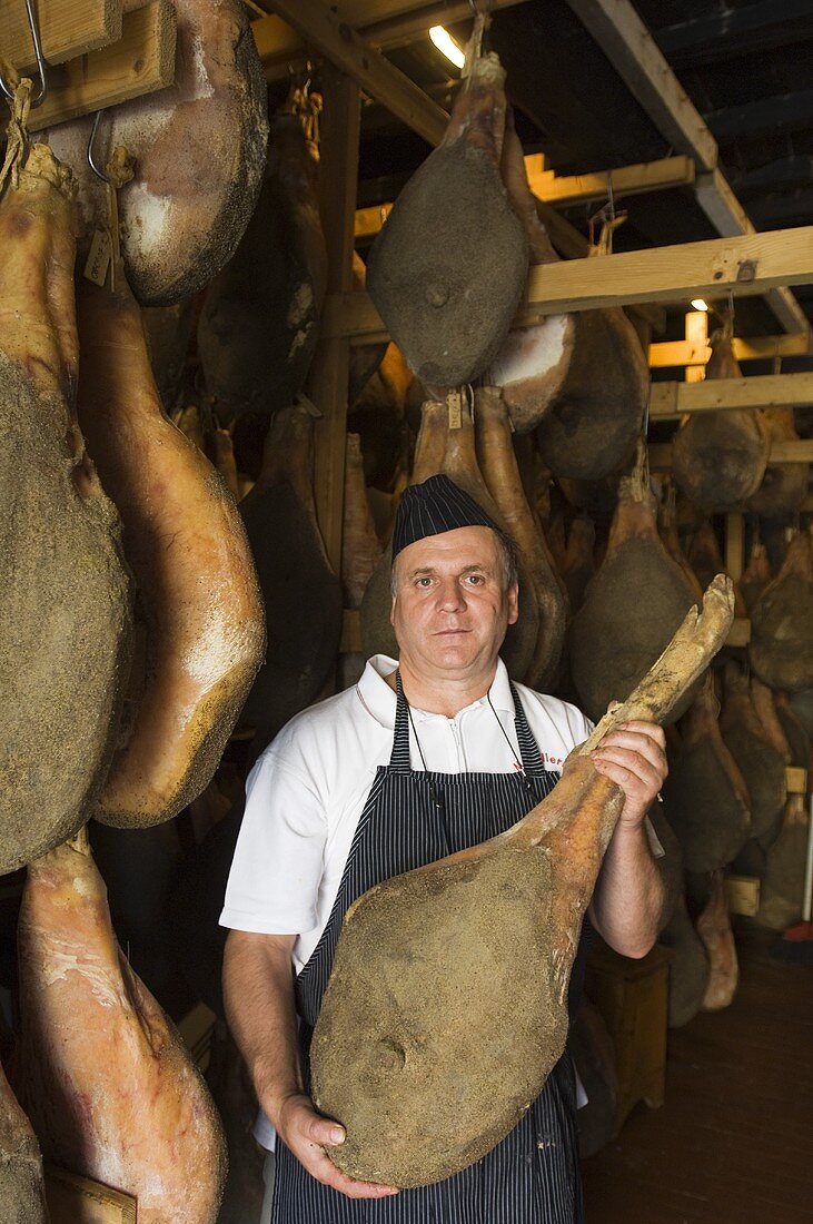 Wild boar ham, Cesare Chini, (butcher) Gaiole, Tuscany, Italy