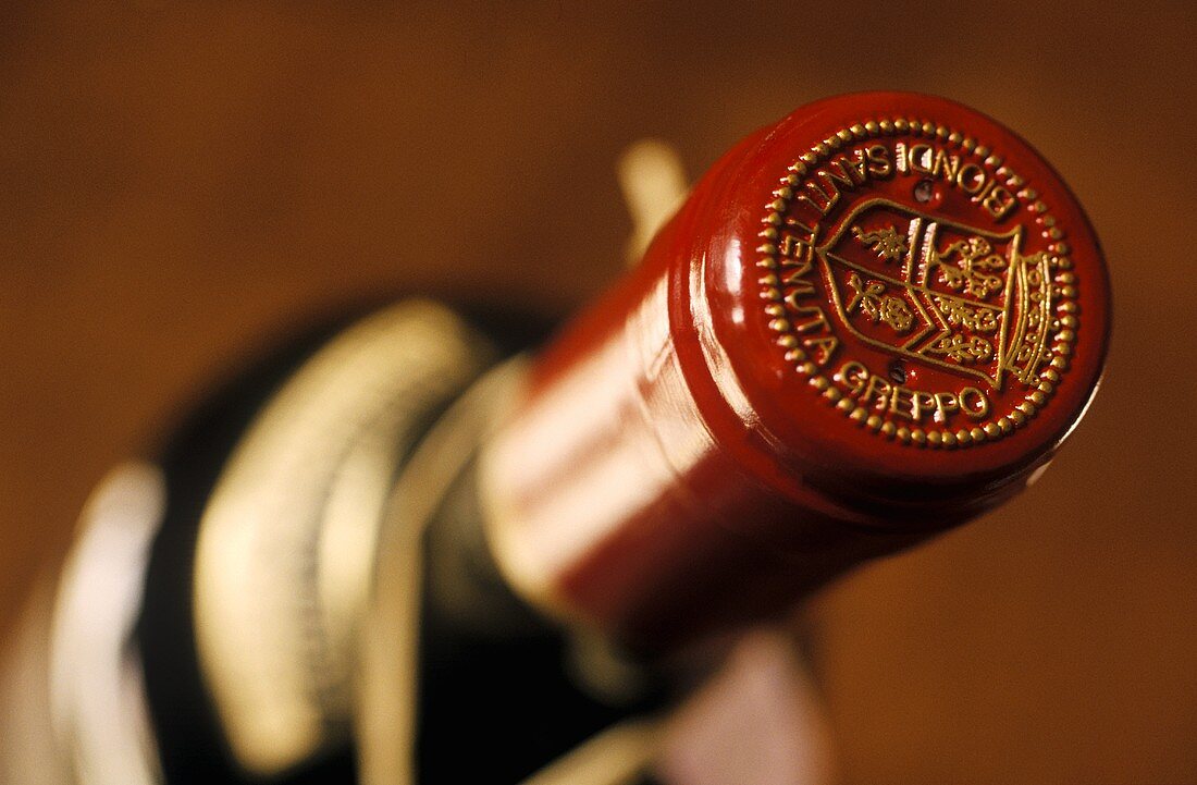 Close-up of bottle of Biondi Santi Brunello di Montalcino, Italy