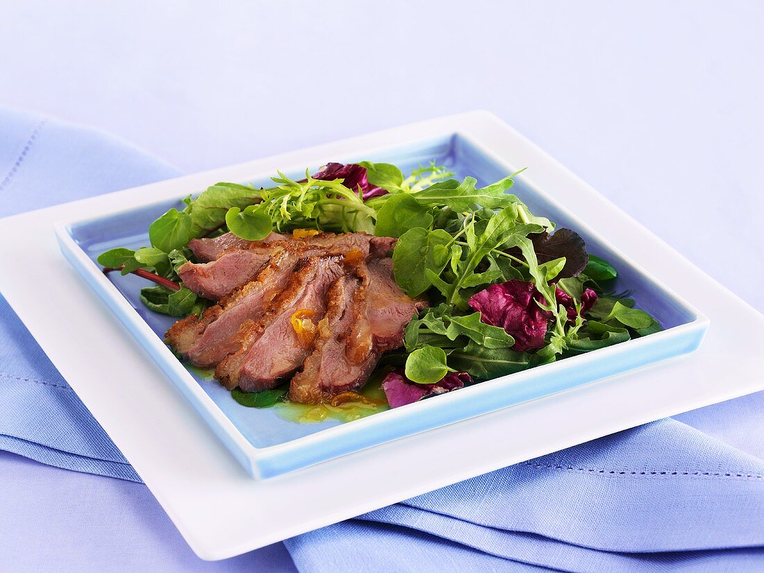 Mixed salad leaves with duck breast