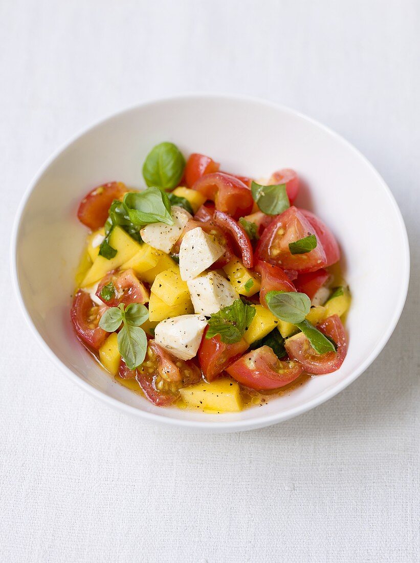 Tomato and mango salad with mozzarella and basil