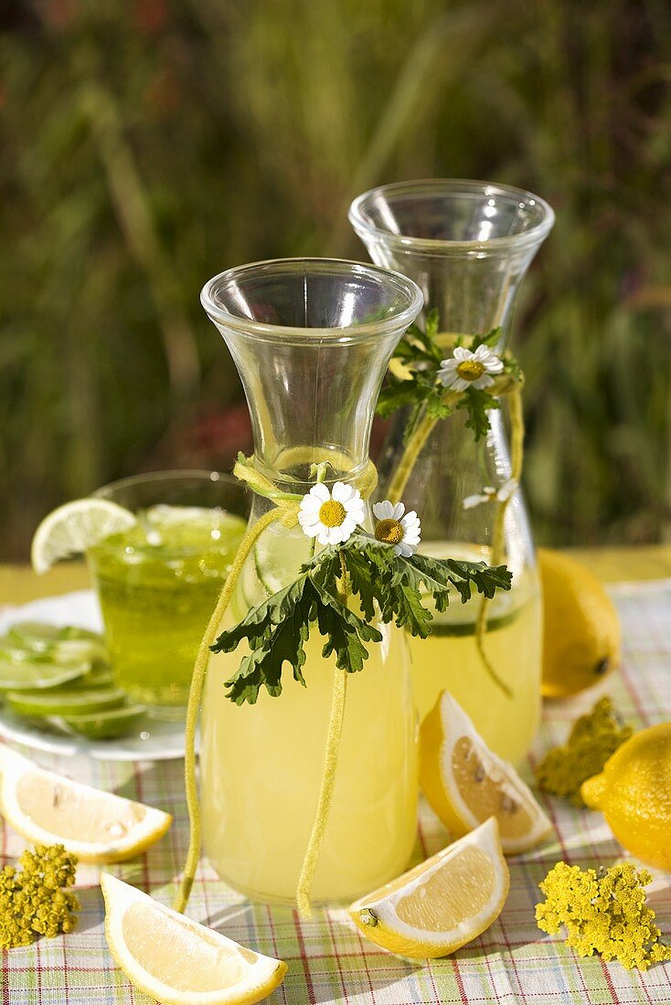 Zitronenlimonade in zwei Karaffen und Limettengelee im Freien