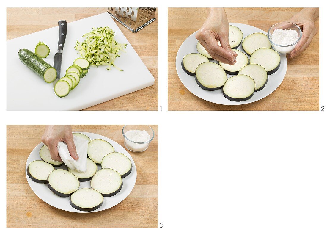 Sliced & chopped courgette, salting & drying aubergine slices