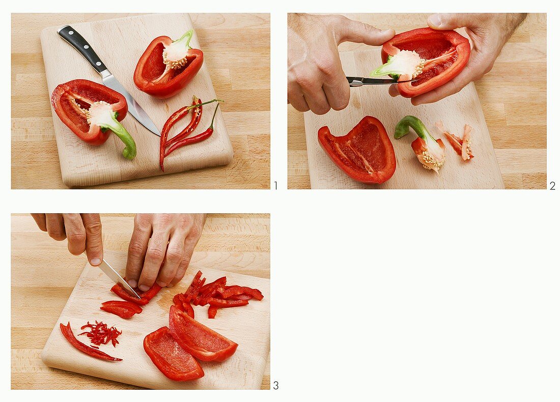 Deseeding and slicing red pepper and chilli