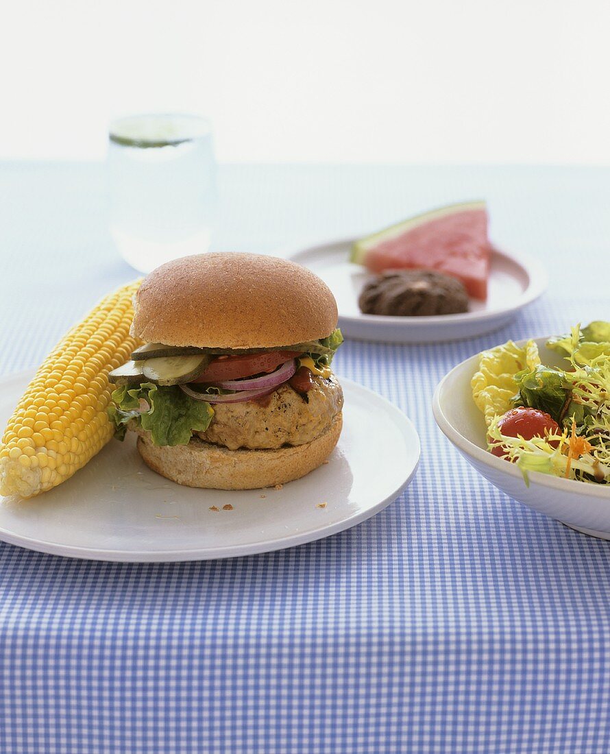 Turkey burger and corn on the cob