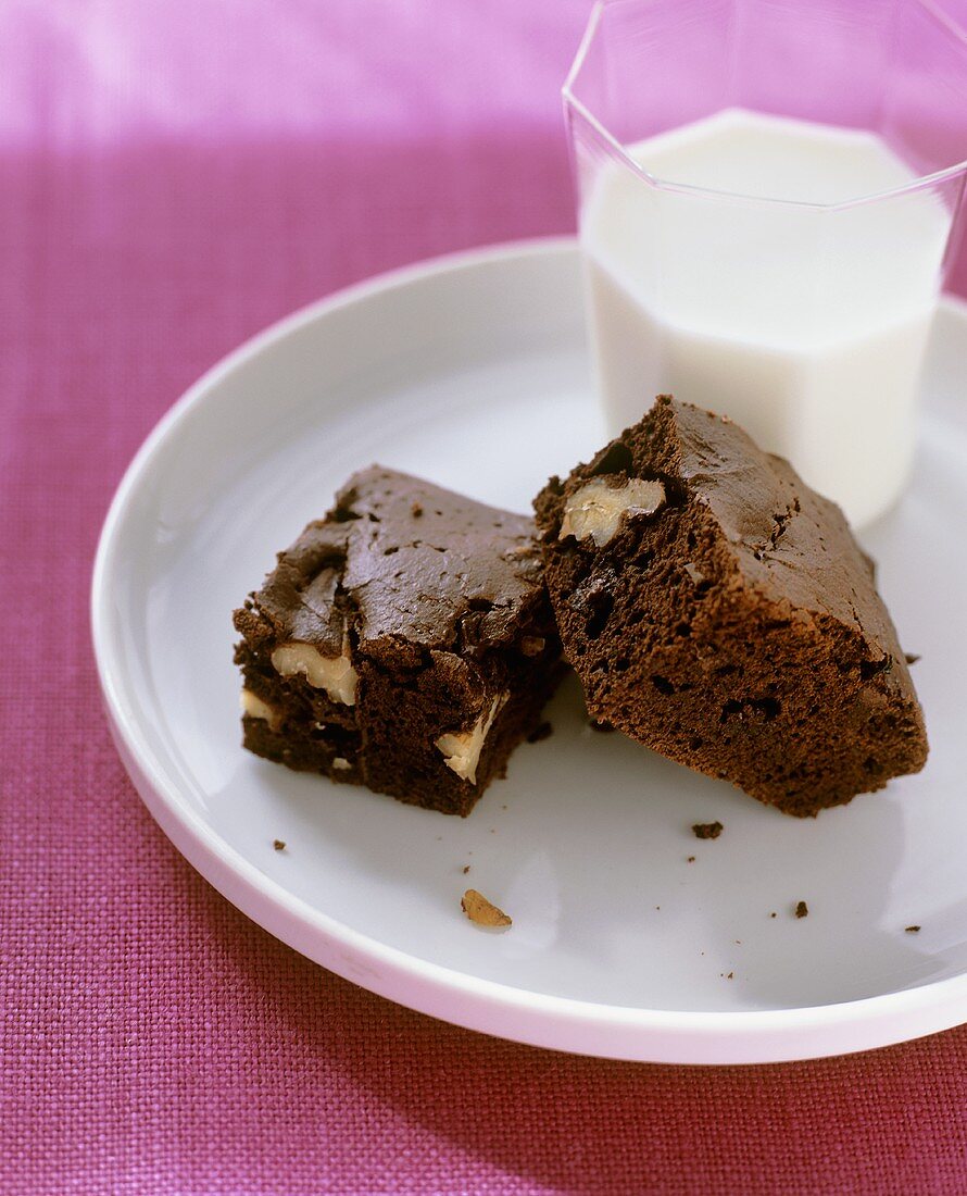 Two brownies and a glass of milk