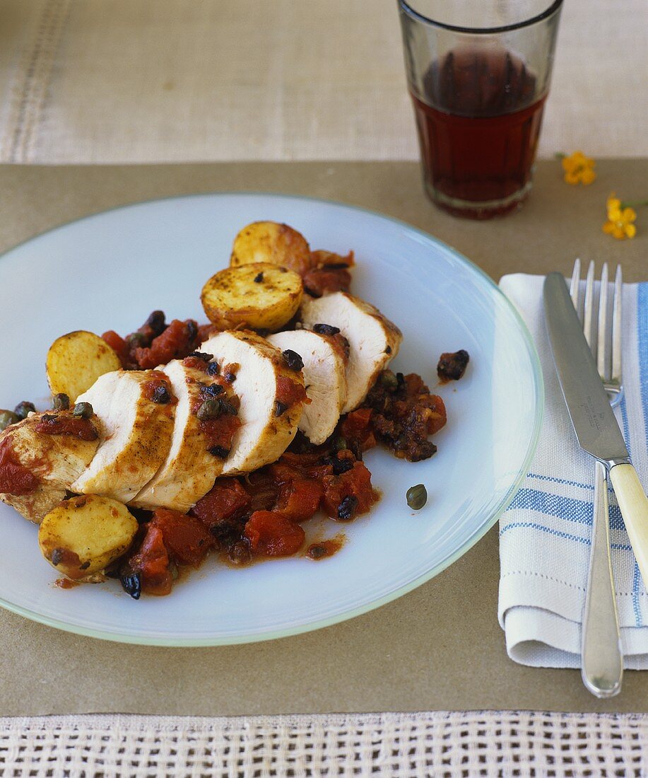 Pork fillet with tomato and caper sauce and potatoes