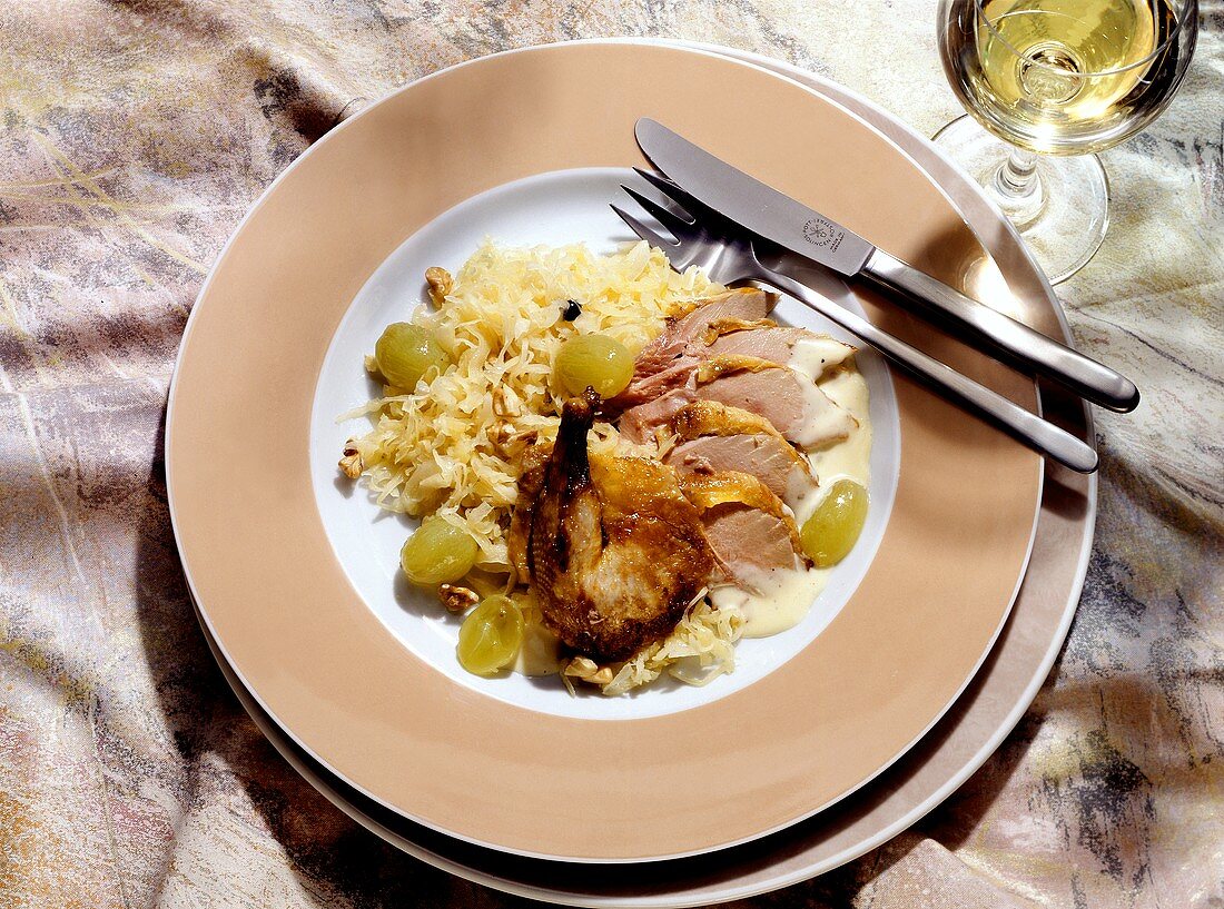 Pheasant with Sauerkruat and Grapes