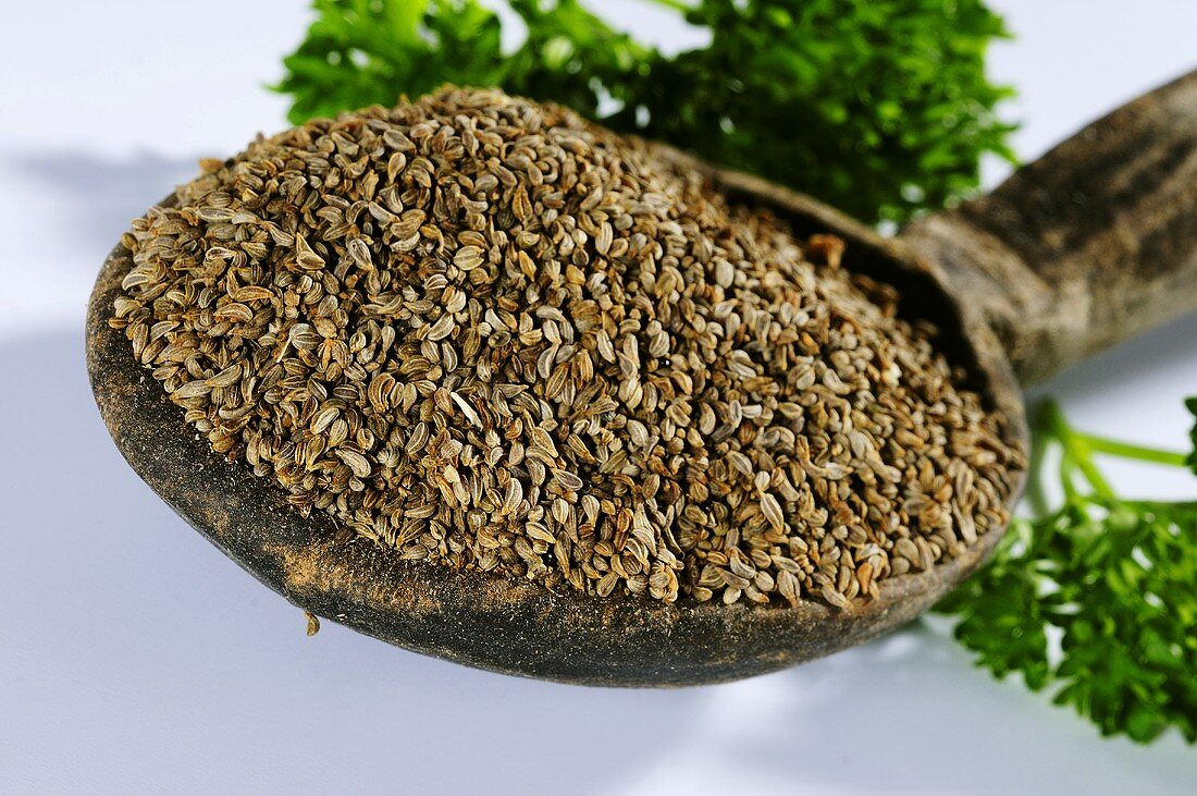 Parsley seeds on a wooden spoon