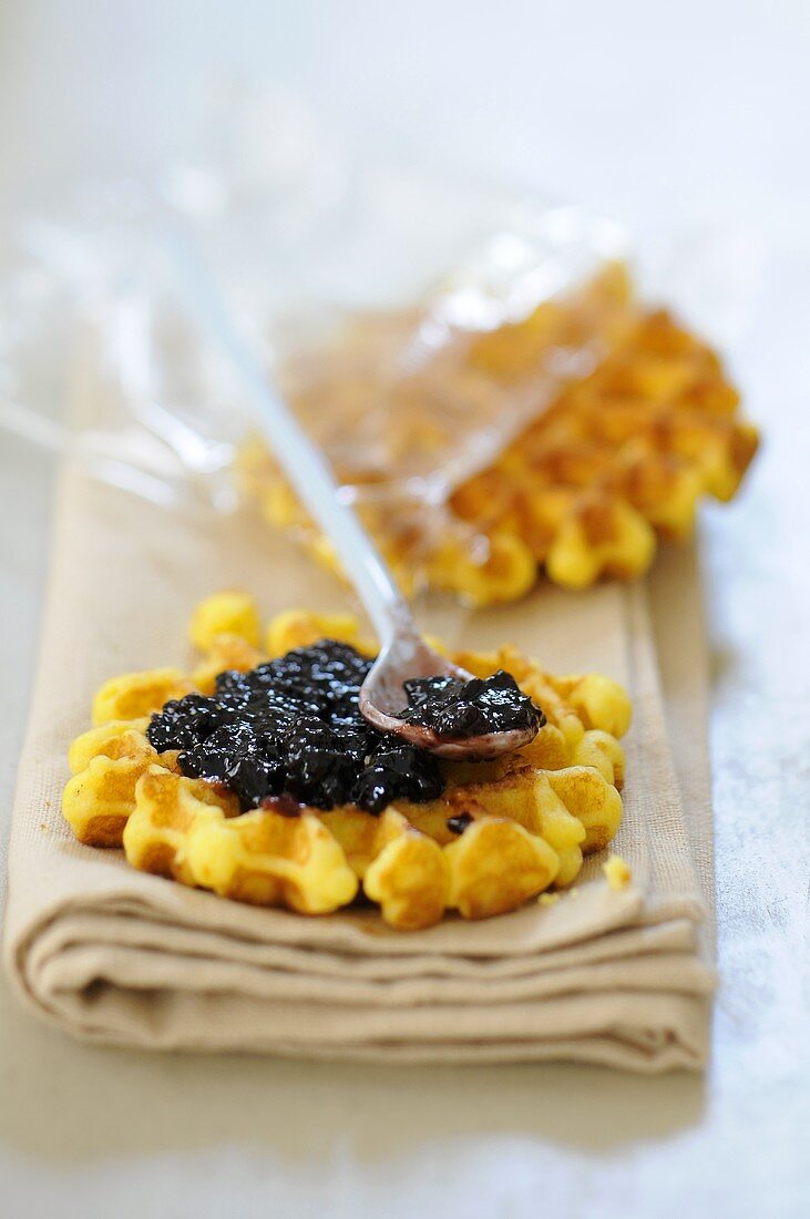 Waffles with blackberry jam