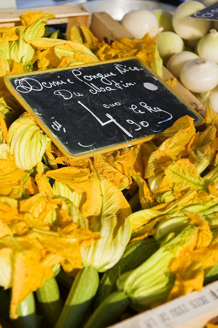 Courgette flowers at a market (Nice, France)