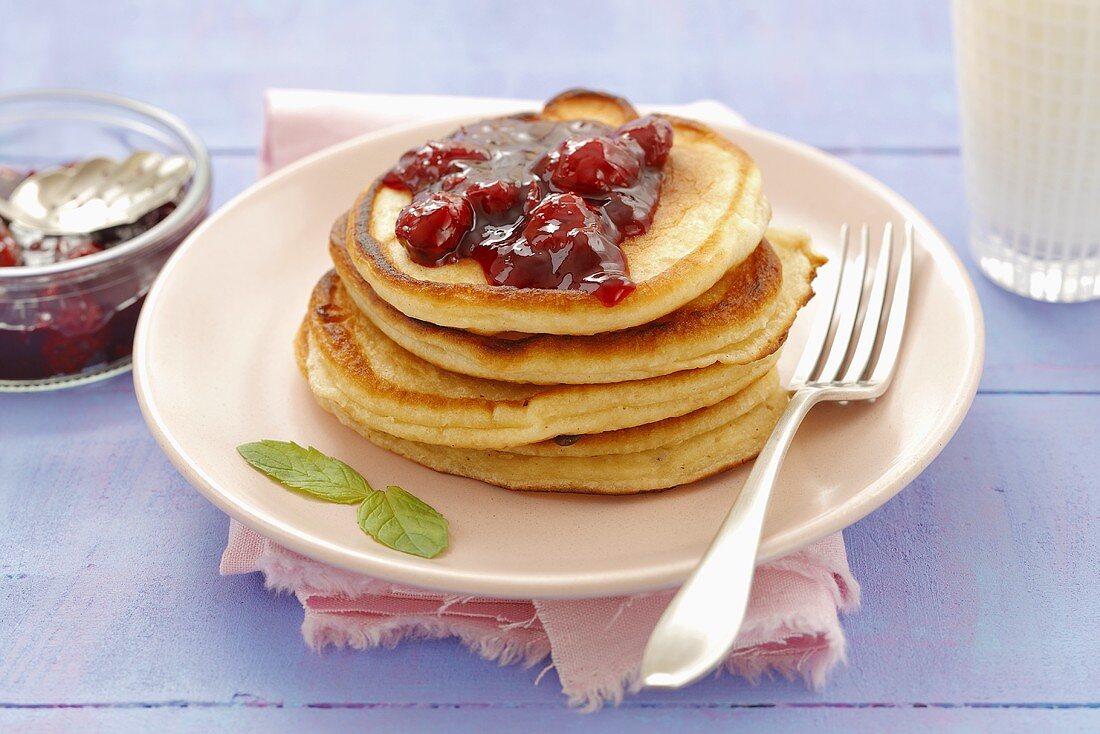 Buttermilk pancakes with cherry jam