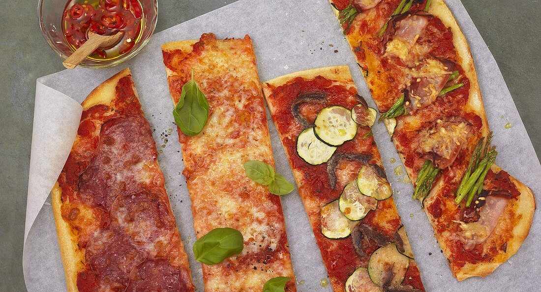 Pizza strips with various toppings