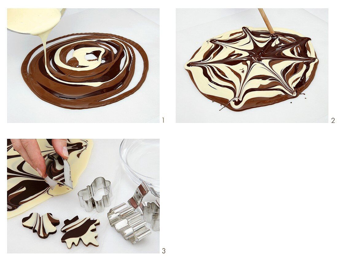 Marbled chocolate being prepared and shapes being cut out of it