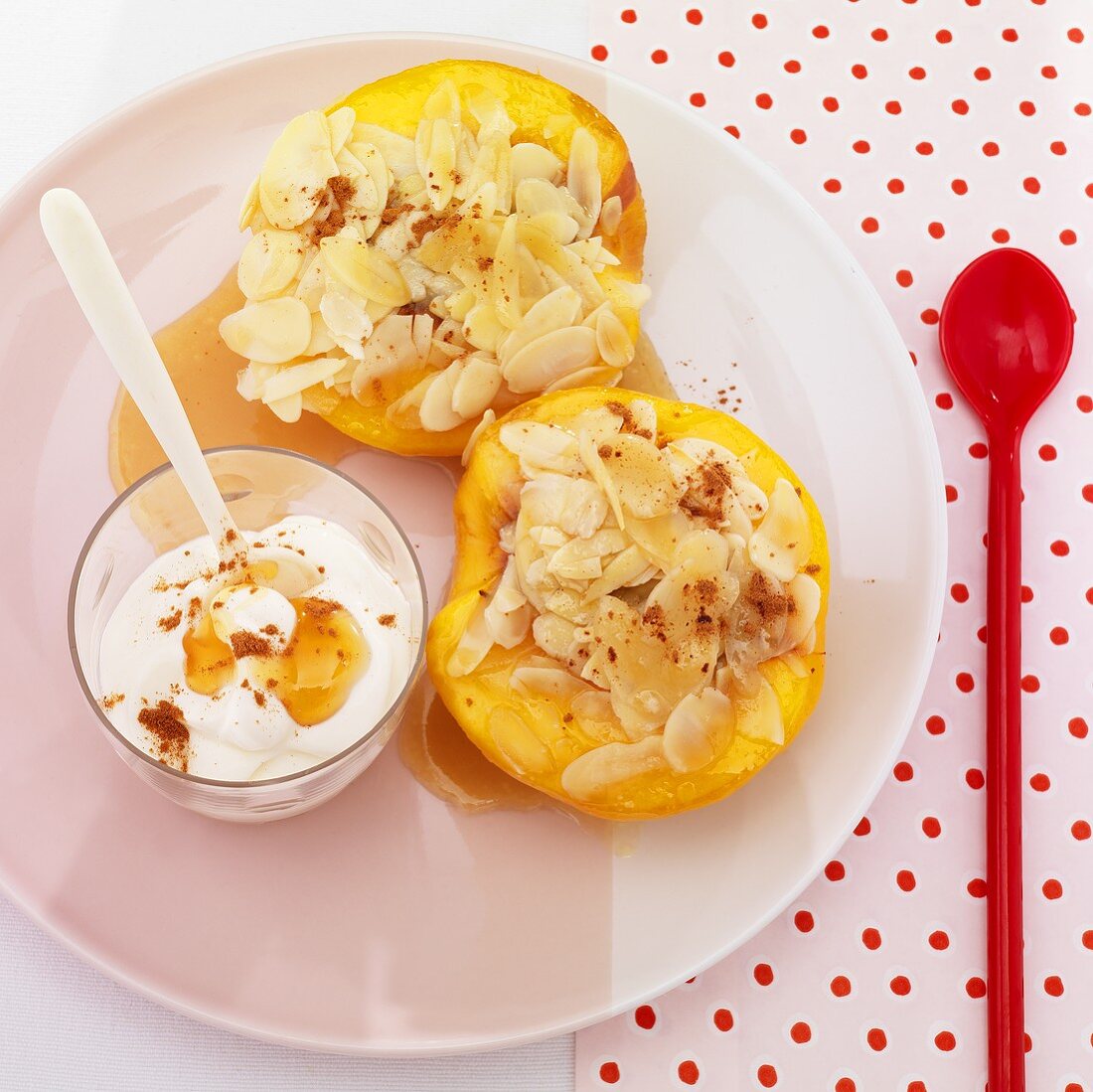 Peach halves filled with almonds and honey yogurt