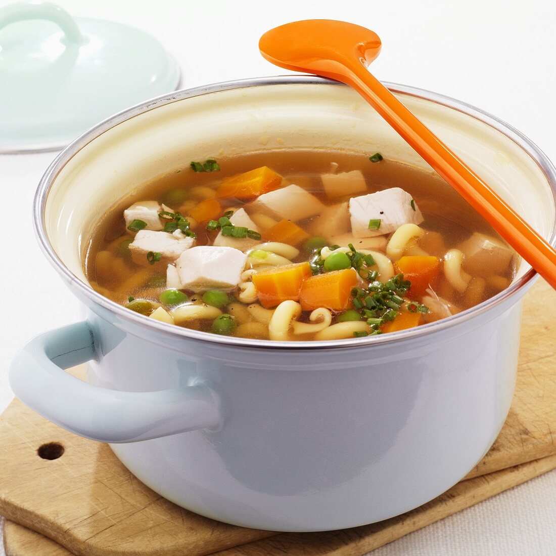 Chicken and pasta soup with vegetables