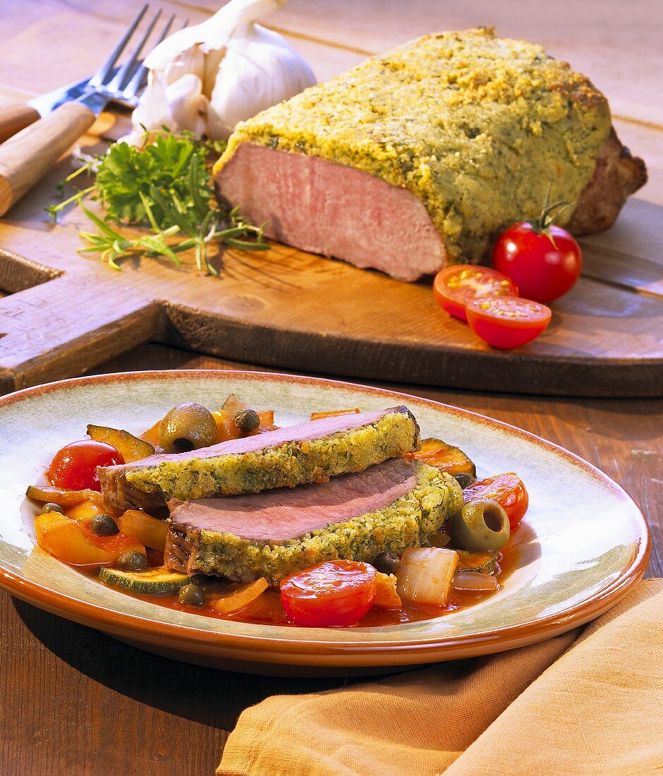 Saddle of veal with a herb crust and ratatouille