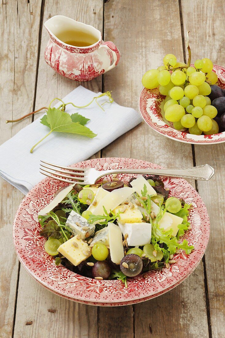 Blattsalat mit Trauben und verschiedenen Käsesorten