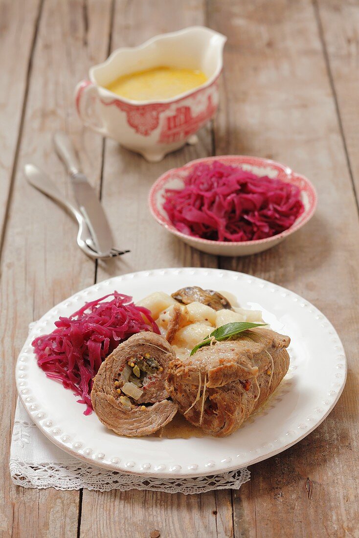 Beef roulade with potato dumplings and red cabbage (Poland)