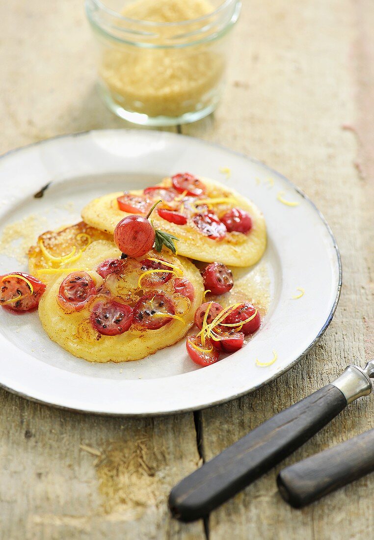 Pancakes with gooseberries and lemon zest