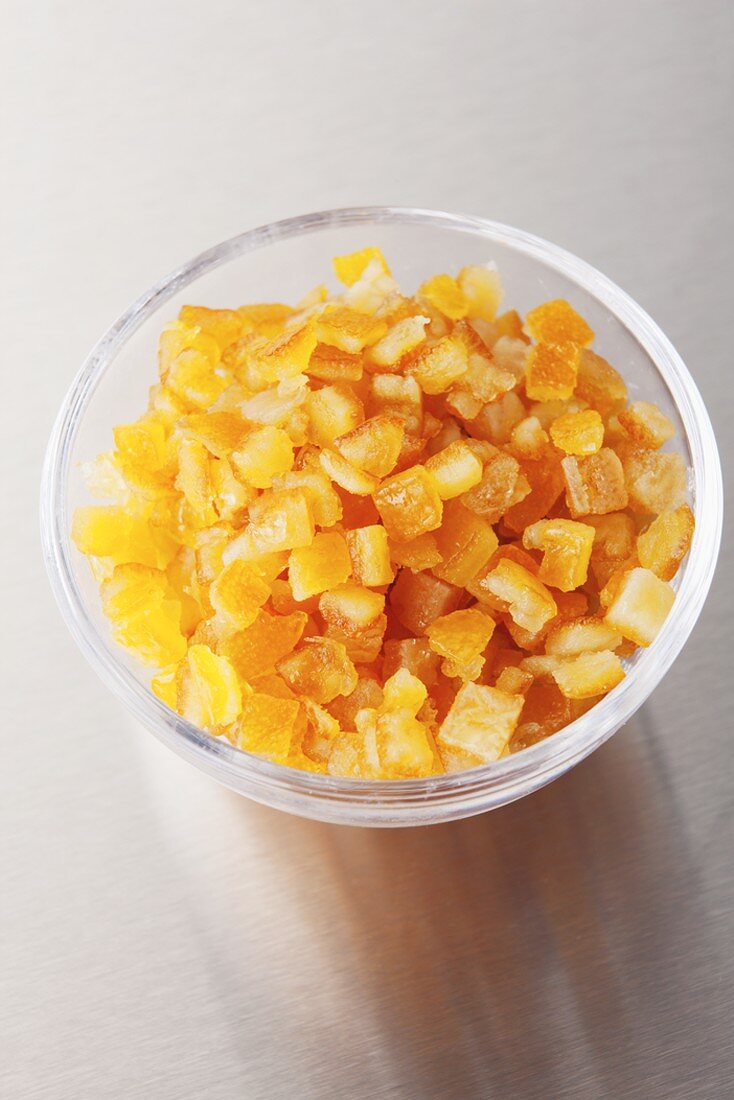 Candied orange peel in a glass bowl