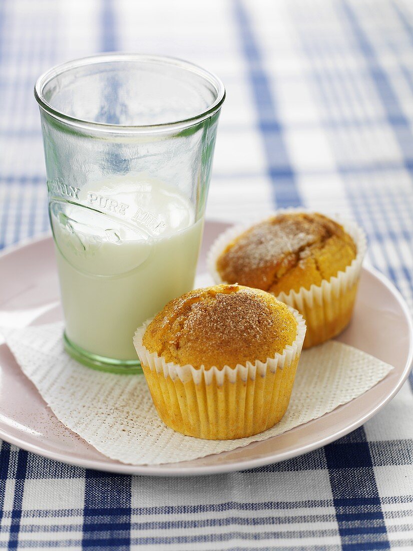 A spiced muffin and a glass of milk