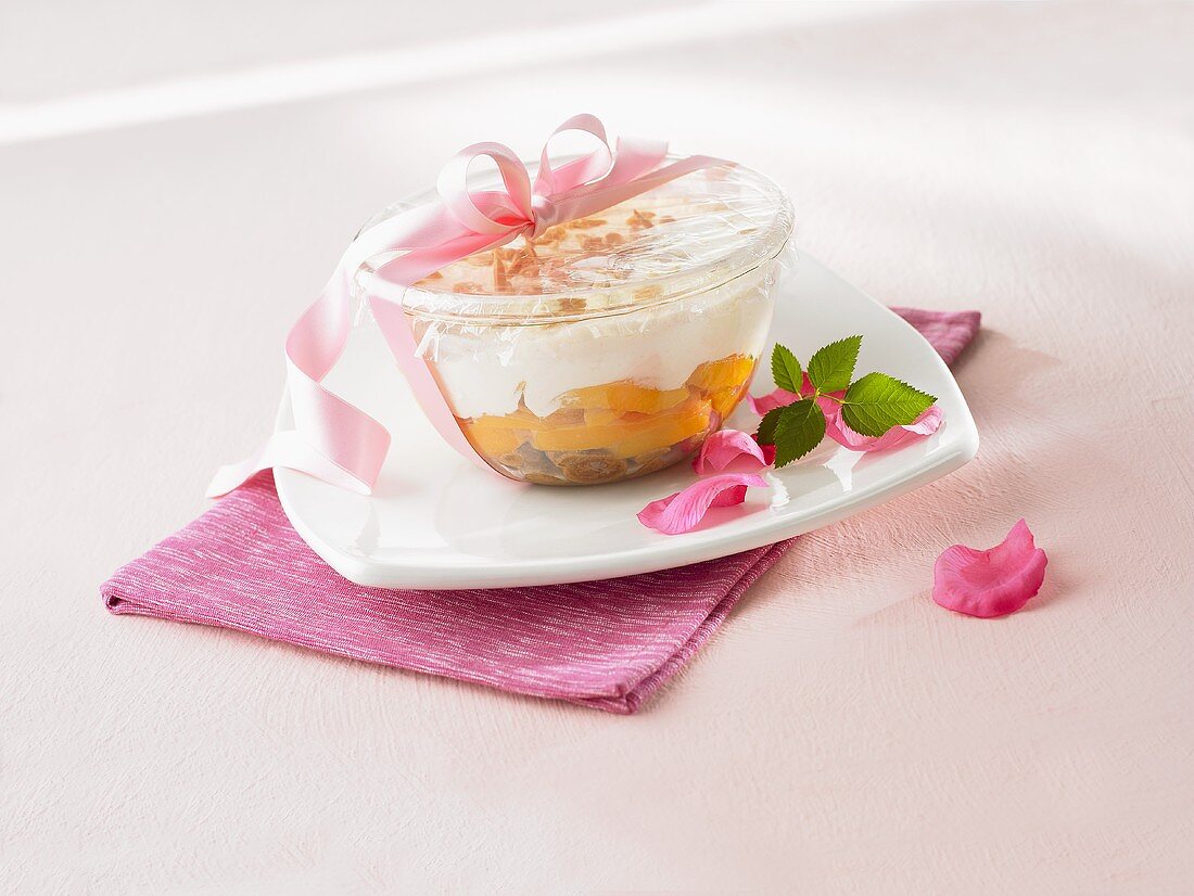 Fruit dessert with ricotta cream as a gift