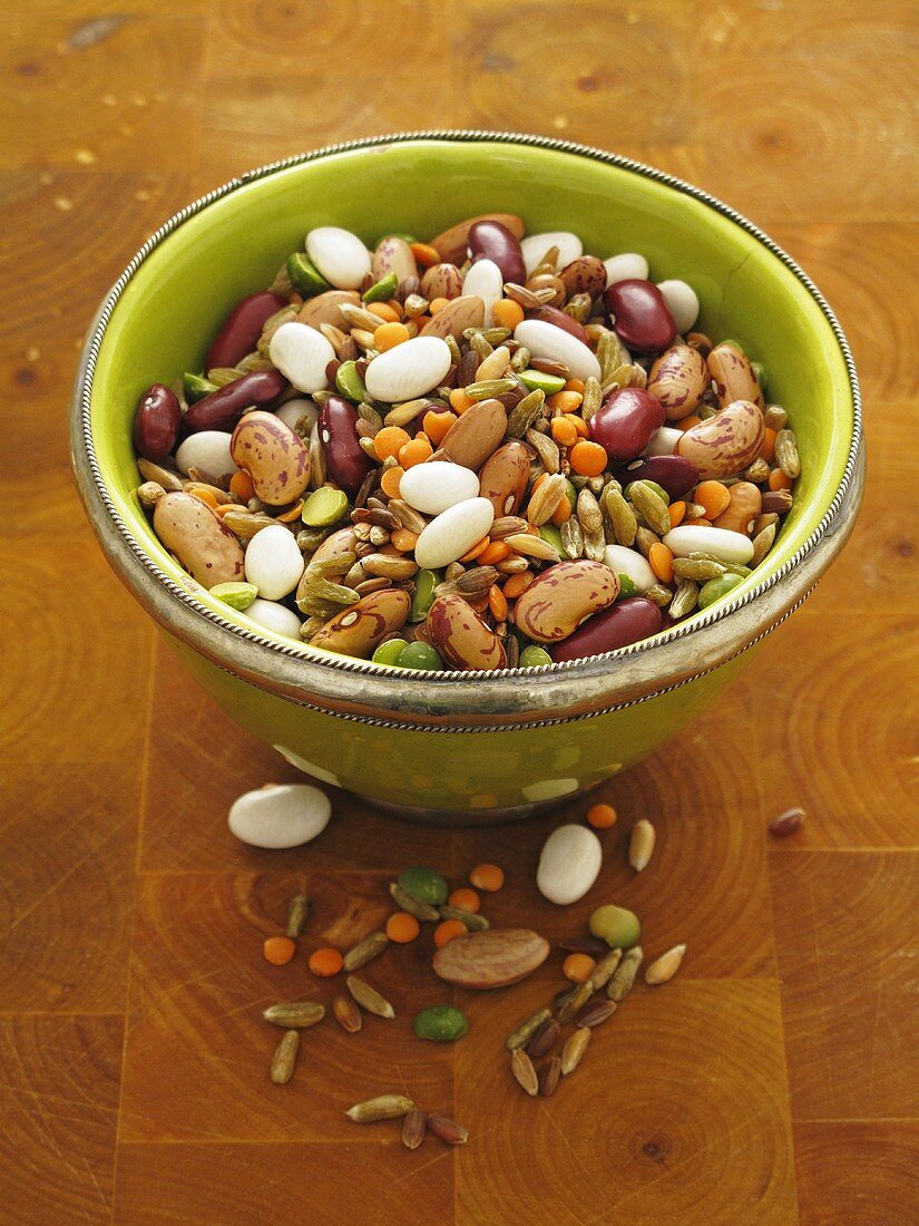 Beans, lentils, peas and corn in a bowl