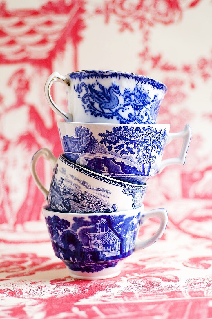 A stack of tea cups (Blue China)