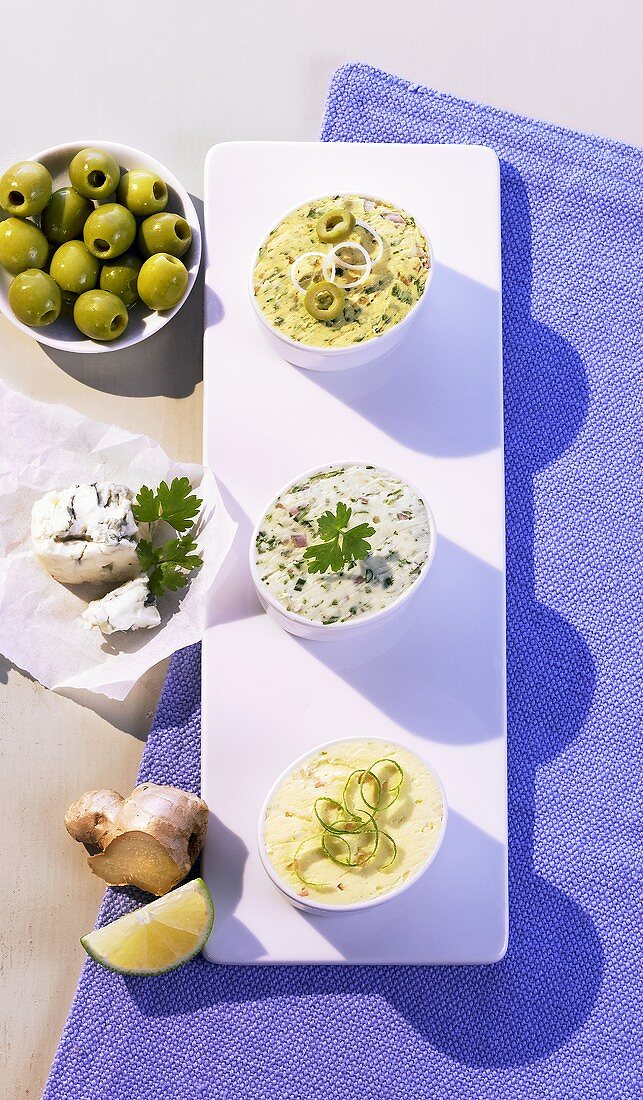 Olivenbutter, Gorgonzolabutter, Ingwer-Limetten-Butter