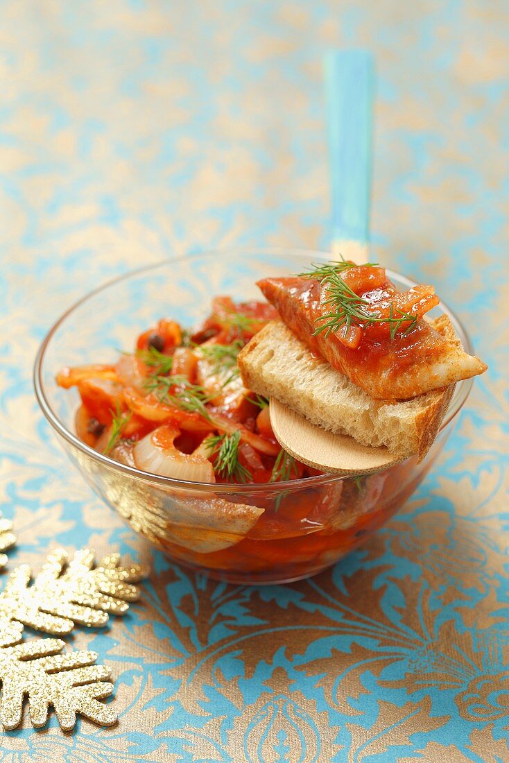 Christmas herring with onions and tomato sauce