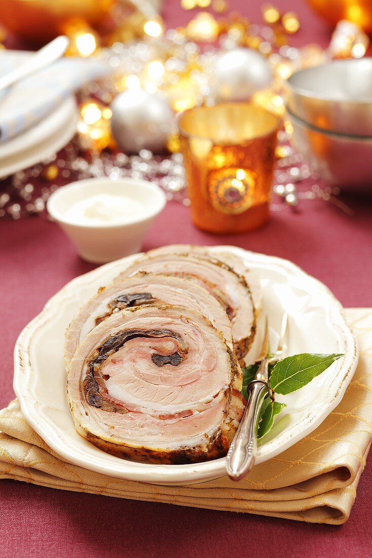 Pork belly roulade with a mushroom filling for Christmas dinner