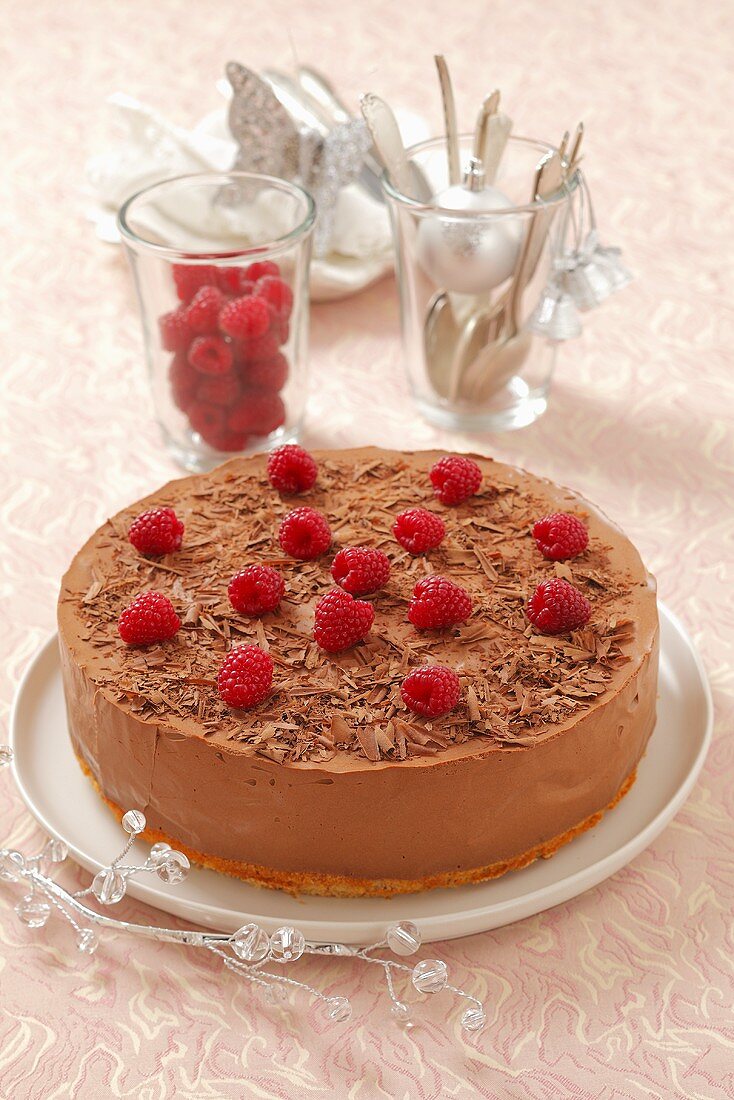 Christmas chocolate mousse tart with raspberries