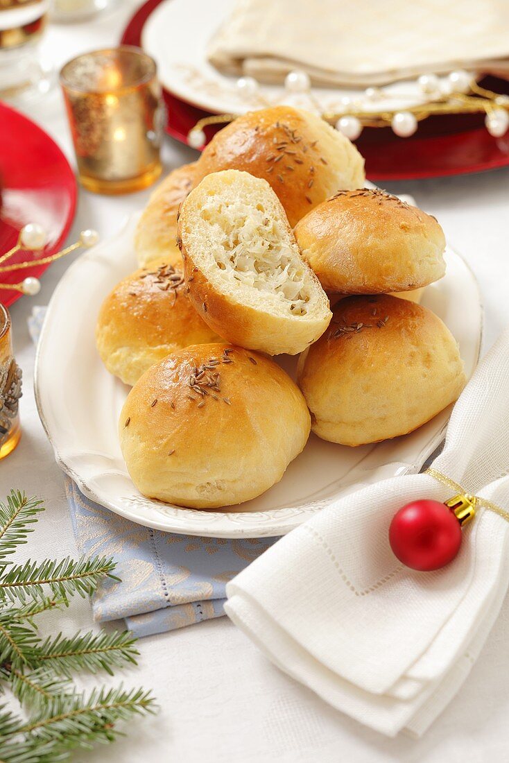 Yeast dough rolls filled with sauerkraut for Christmas dinner