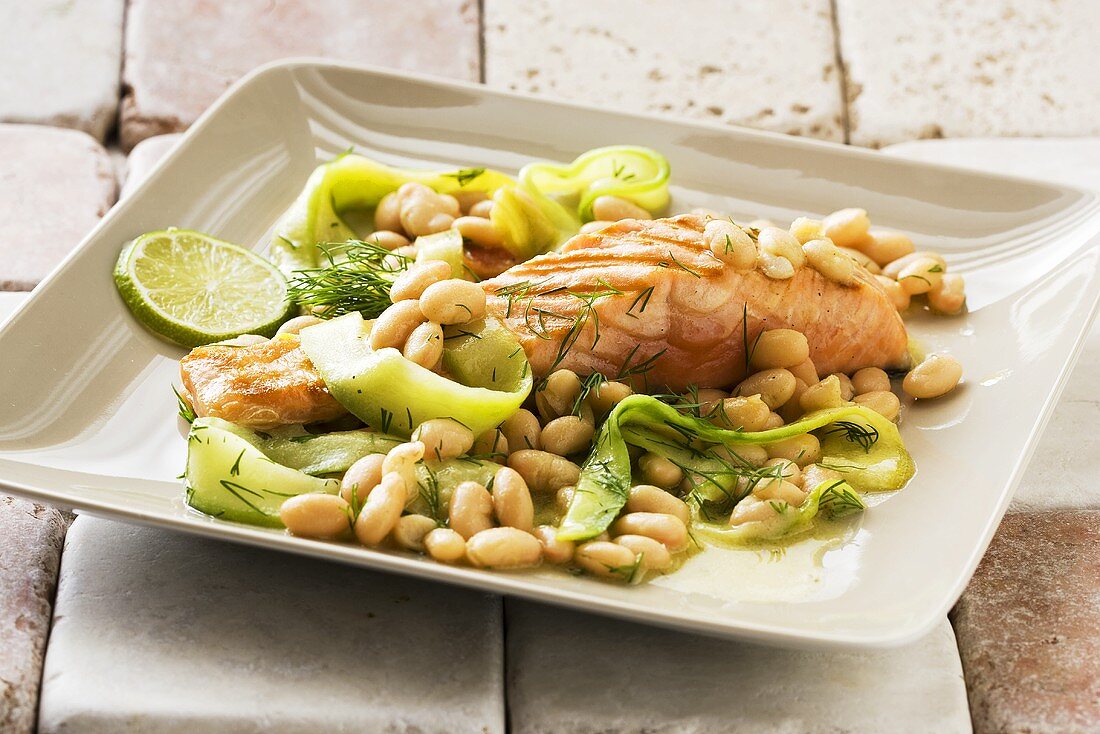 Salmon with a bean and cucumber salad