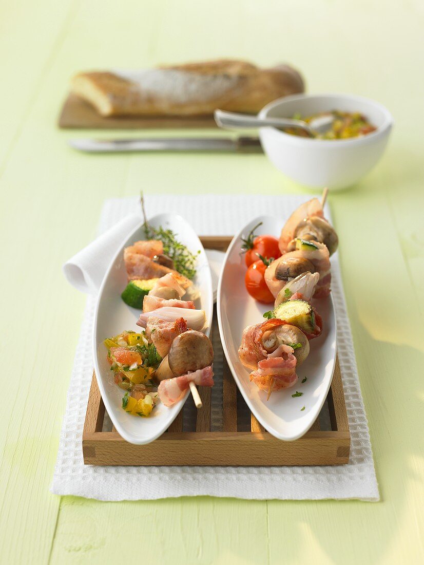Mushroom kebabs with pepper and tomato salsa