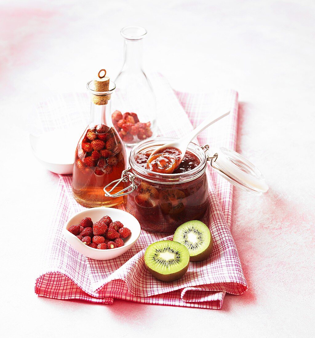 Forest fruits and kiwi jam and forest fruits liqueur