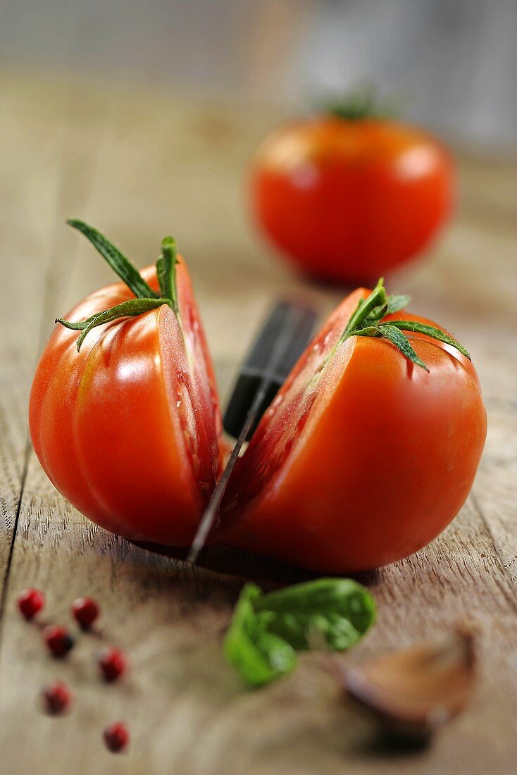 A tomato sliced in half