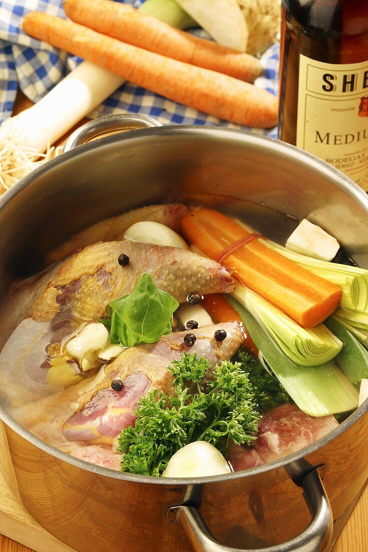 Pheasant soup in a pot